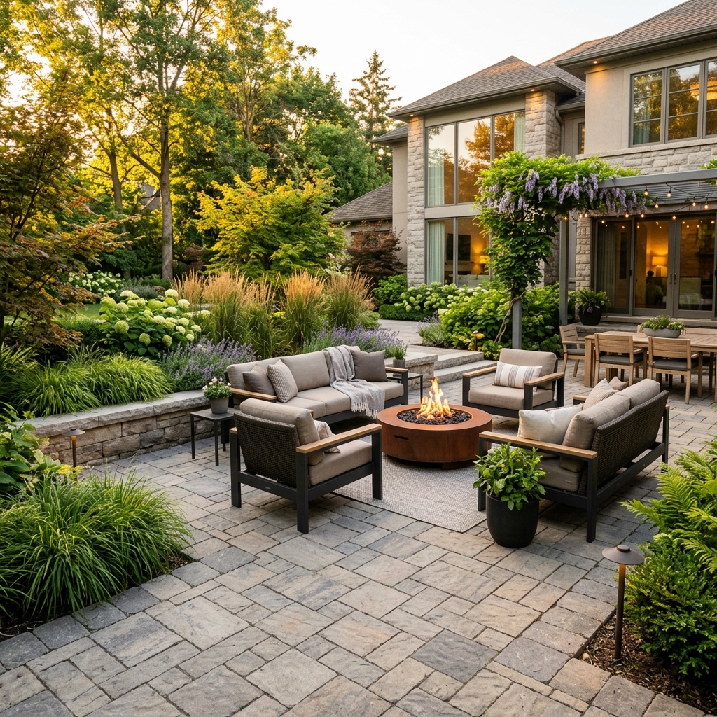 EcoWave Contracting luxury patio installation in Ottawa featuring fire pit and natural stone interlock
