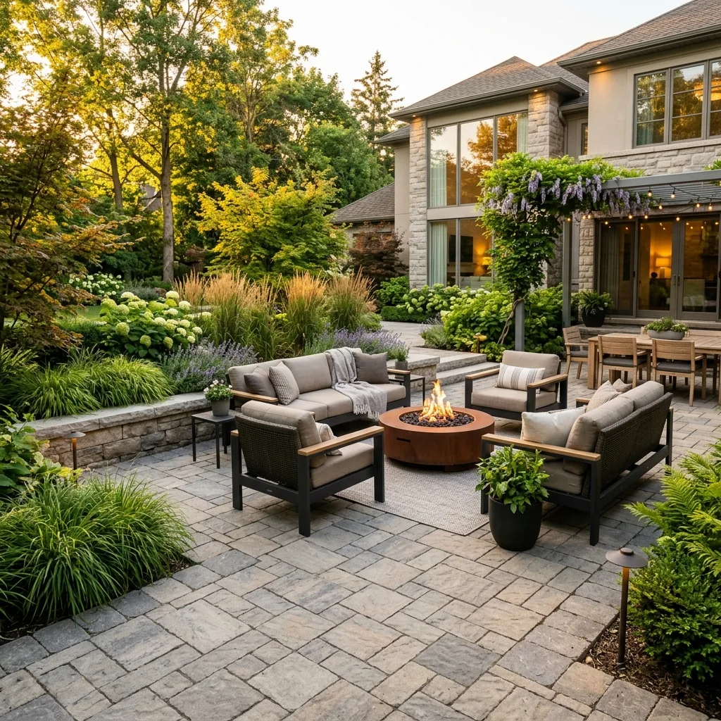 Premium central Ottawa patio with stone fire feature and lighting