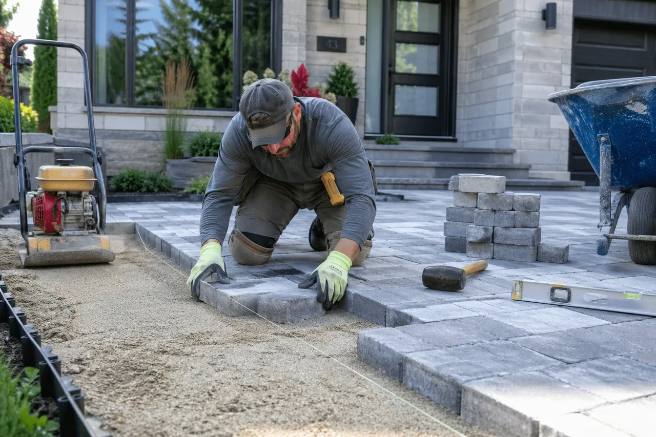 Pavers being hand-laid for a custom Ottawa patio