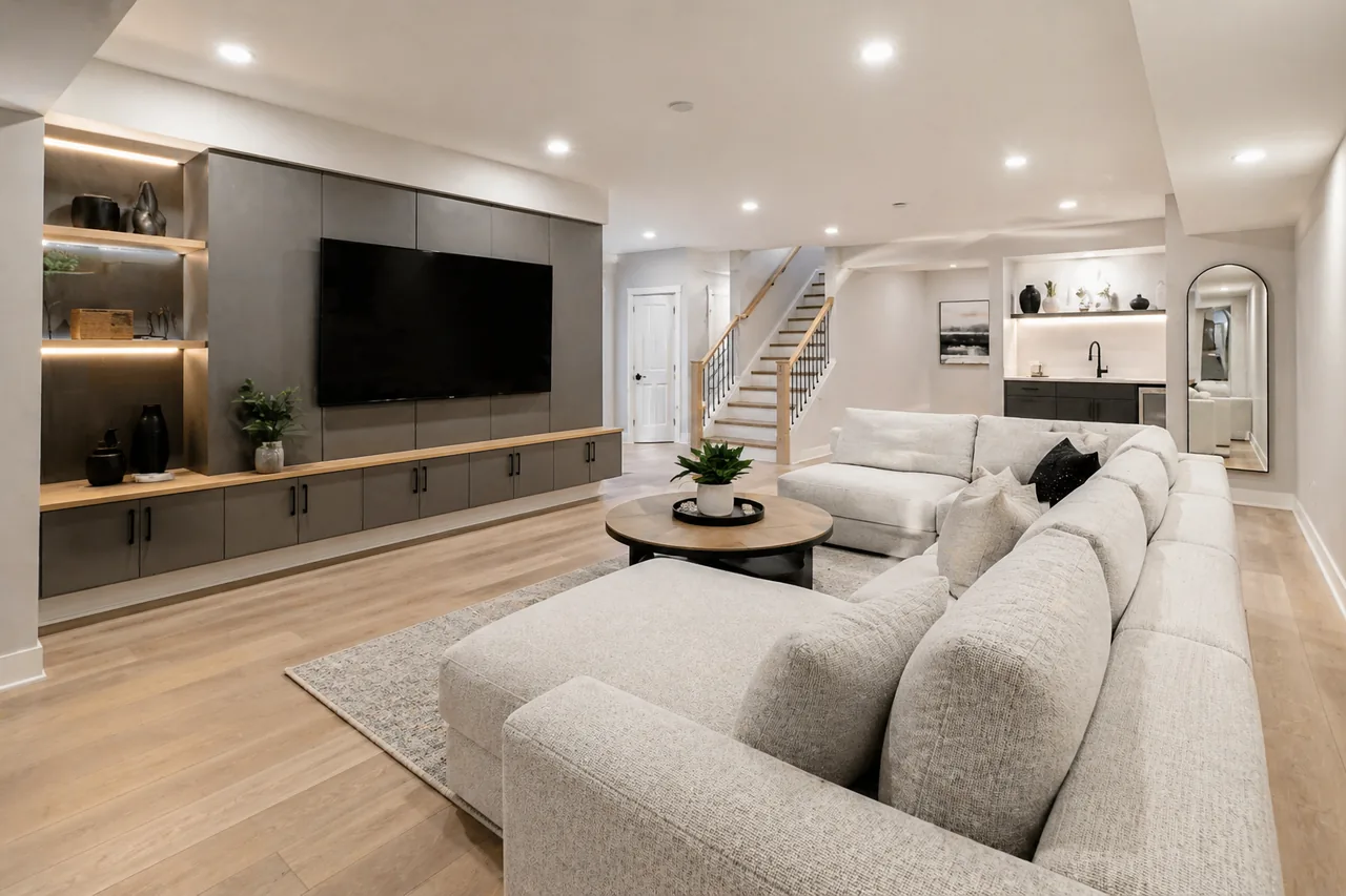 Finished basement living space with built-ins in Ottawa