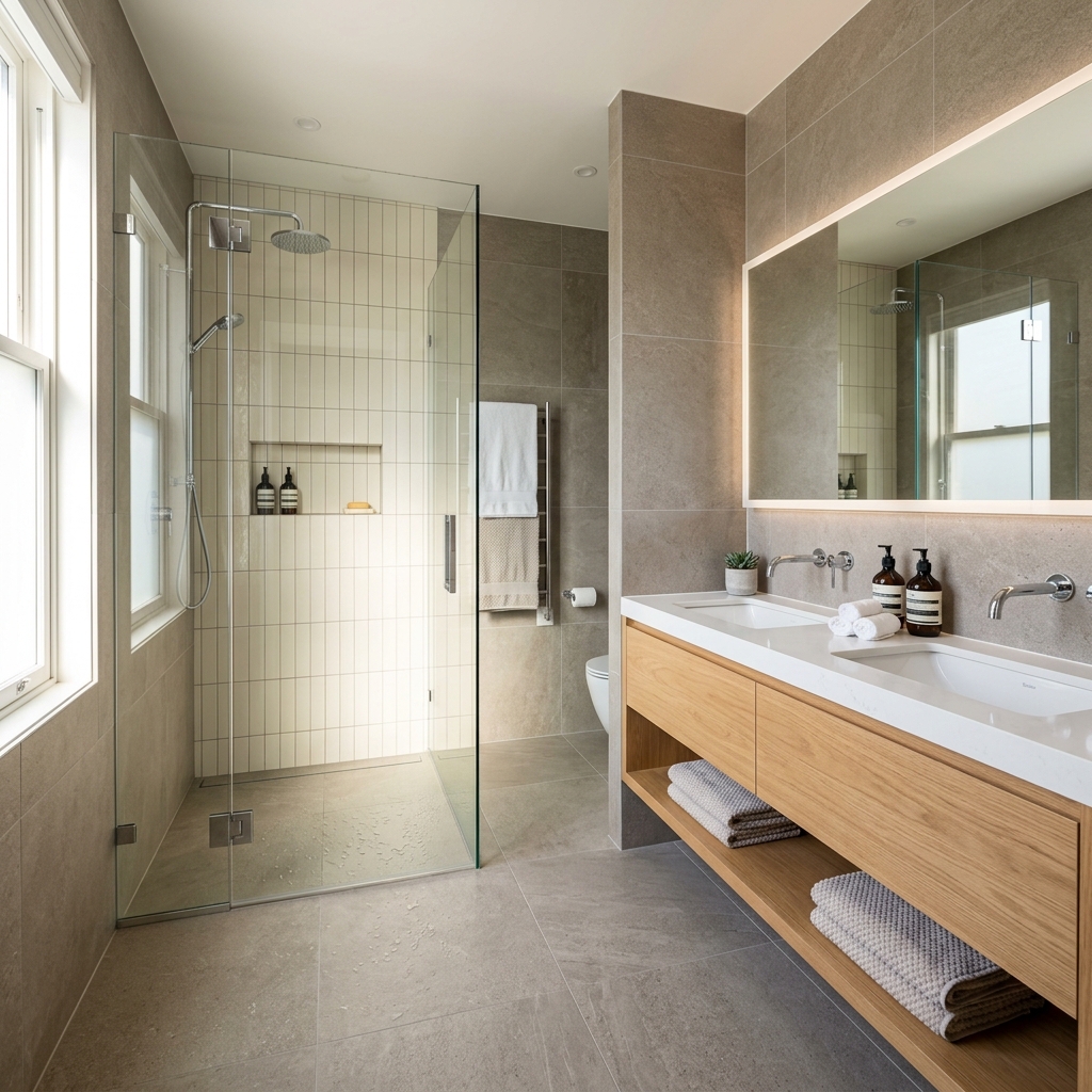 Modern bathroom renovation in Ottawa with walk-in shower and floating vanity