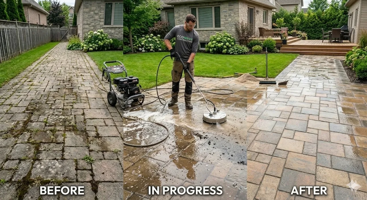 Before and after of an Ottawa interlock driveway restored and re-sanded